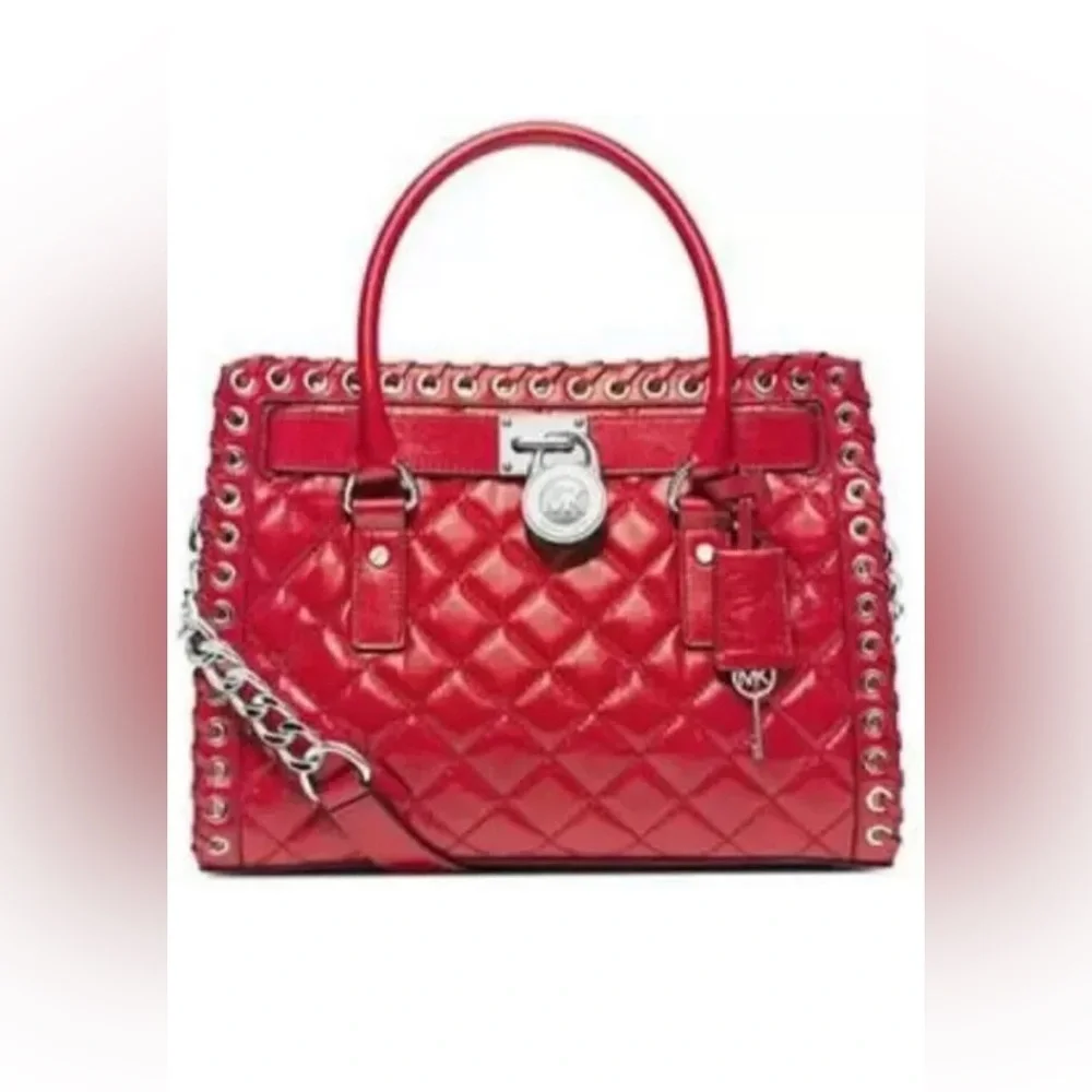 MICHAEL KORS HIPPIE GROMMET HAMILTON SATCHEL TOTE QUILTED LG CROSSBODY RED $458